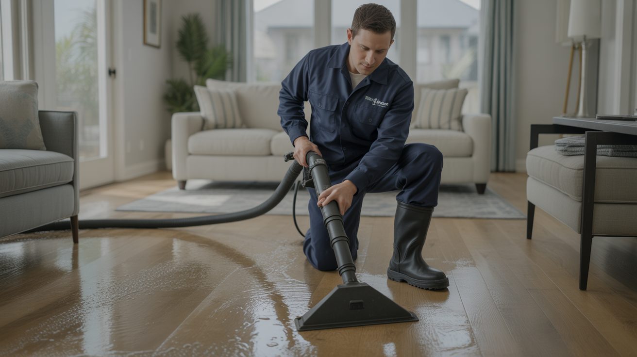 Water Damage Restoration technician at work in a San Antonio home